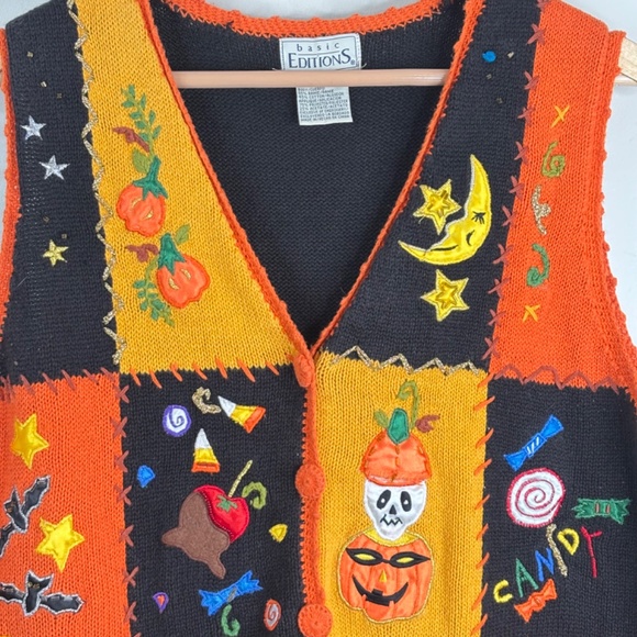 VTG 90s Halloween Sweater Vest L Patchwork Embroidery Orange Witch Hat Black Cat - Picture 2 of 10